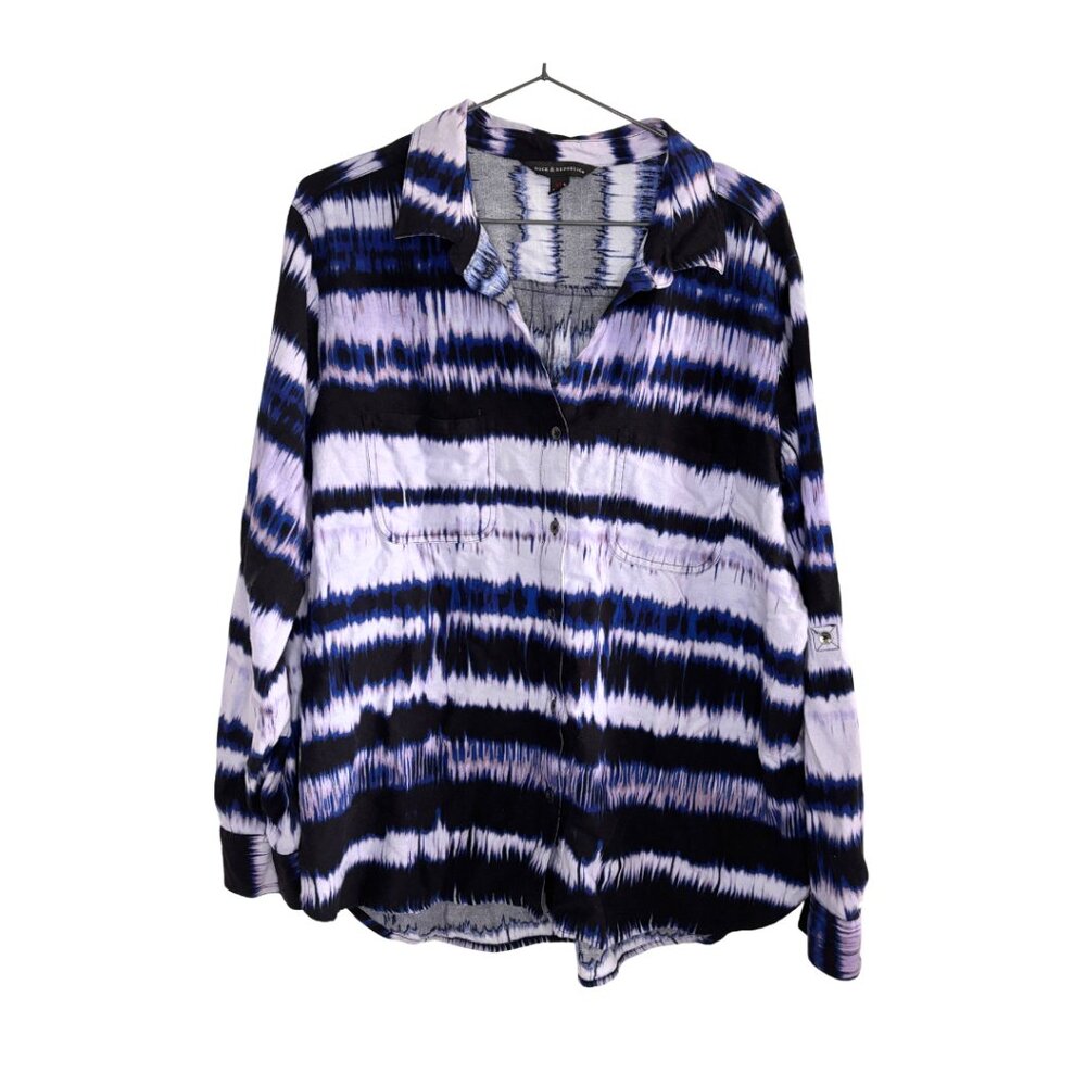 Rock & Republic Blue Tie Dye Relaxed Button Up Long Sleeve Blouse Top
